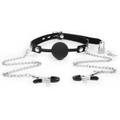 Черный кляп-шарик с зажимами на соски на металлической цепочке - Notabu - купить с доставкой в Южно-Сахалинске