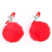 Зажимы для сосков с красным пушком - Notabu - купить с доставкой в Южно-Сахалинске