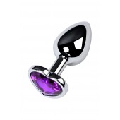 Серебристая коническая анальная пробка с фиолетовым кристаллом-сердечком - 7 см. - ToyFa - купить с доставкой в Южно-Сахалинске