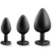 Набор из 3 черных пробок с прозрачным кристаллом-сердечком Bling Plugs Training Kit - Blush Novelties - купить с доставкой в Южно-Сахалинске