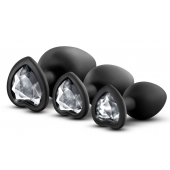 Набор из 3 черных пробок с прозрачным кристаллом-сердечком Bling Plugs Training Kit - Blush Novelties - купить с доставкой в Южно-Сахалинске