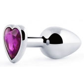 Серебристая анальная пробка с фиолетовым кристаллом-сердечком - 8 см. - Anal Jewelry Plug - купить с доставкой в Южно-Сахалинске