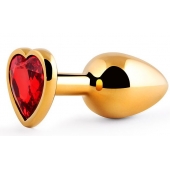 Золотистая анальная пробка с красным стразом-сердечком - 8 см. - Anal Jewelry Plug - купить с доставкой в Южно-Сахалинске