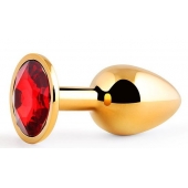 Золотистая анальная пробка с красным стразом - 7,2 см. - Anal Jewelry Plug - купить с доставкой в Южно-Сахалинске