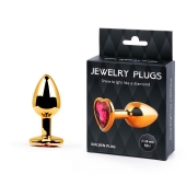 Золотистая анальная пробка с малиновым кристаллом-сердечком - 7 см. - Anal Jewelry Plug - купить с доставкой в Южно-Сахалинске