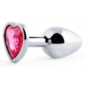 Серебристая анальная пробка с малиновым кристаллом-сердечком - 7 см. - Anal Jewelry Plug - купить с доставкой в Южно-Сахалинске