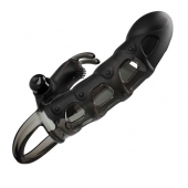 Черная закрытая насадка с подхватом мошонки и стимулятором клитора - 19,2 см. - Baile - в Южно-Сахалинске купить с доставкой