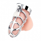 Серебристая металлическая клетка для члена с замком Enslave Cock Cage - BlueLine - купить с доставкой в Южно-Сахалинске
