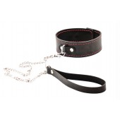 Черный широкий ошейник с красной строчкой и поводком - Crazy Handmade - купить с доставкой в Южно-Сахалинске