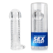 Прозрачная рельефная насадка-реалистик с петлей для мошонки - 13,5 см. - Sex Expert - в Южно-Сахалинске купить с доставкой