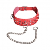 Красный кожаный ошейник с карабином и поводком - Sitabella - купить с доставкой в Южно-Сахалинске