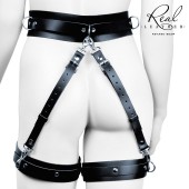 Черный кожаный пояс с гартерами - L-XL - Notabu - купить с доставкой в Южно-Сахалинске