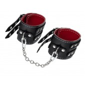 Черные кожаные оковы с двумя ремнями и красной подкладкой - Pecado - купить с доставкой в Южно-Сахалинске