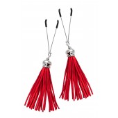 Зажимы на соски «Вилки» с красными кисточками из замши - Pecado - купить с доставкой в Южно-Сахалинске