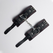 Черные кожаные наручники с красной строчкой - Crazy Handmade - купить с доставкой в Южно-Сахалинске