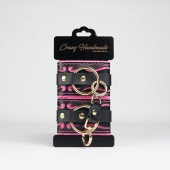 Черные кожаные наручники с розовой строчкой - Crazy Handmade - купить с доставкой в Южно-Сахалинске