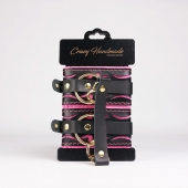 Черные кожаные оковы с розовой строчкой - Crazy Handmade - купить с доставкой в Южно-Сахалинске