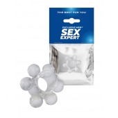 Прозрачное эластичное эрекционное кольцо с 6 шариками - Sex Expert - в Южно-Сахалинске купить с доставкой