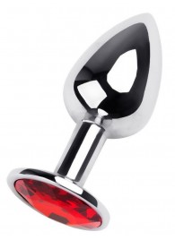 Маленькая коническая серебристая анальная пробка с красным кристаллом - 7 см. - ToyFa - купить с доставкой в Южно-Сахалинске