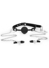 Черный кляп-шарик с зажимами на соски на металлической цепочке - Notabu - купить с доставкой в Южно-Сахалинске