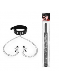 Черный ошейник с зажимами на соски на цепочке - Notabu - купить с доставкой в Южно-Сахалинске