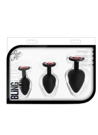 Набор черных анальных пробок с красным кристаллом-сердечком Bling Plugs Training Kit - Blush Novelties - купить с доставкой в Южно-Сахалинске