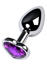 Серебристая коническая анальная пробка с фиолетовым кристаллом-сердечком - 7 см. - ToyFa - купить с доставкой в Южно-Сахалинске