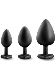 Набор из 3 черных пробок с прозрачным кристаллом-сердечком Bling Plugs Training Kit - Blush Novelties - купить с доставкой в Южно-Сахалинске