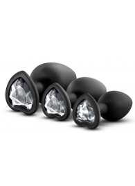 Набор из 3 черных пробок с прозрачным кристаллом-сердечком Bling Plugs Training Kit - Blush Novelties - купить с доставкой в Южно-Сахалинске