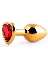 Золотистая анальная пробка с красным стразом-сердечком - 8 см. - Anal Jewelry Plug - купить с доставкой в Южно-Сахалинске