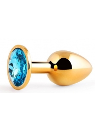 Золотистая анальная пробка с голубым стразом - 7,2 см. - Anal Jewelry Plug - купить с доставкой в Южно-Сахалинске