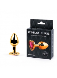 Золотистая анальная пробка с малиновым кристаллом-сердечком - 7 см. - Anal Jewelry Plug - купить с доставкой в Южно-Сахалинске