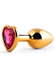 Золотистая анальная пробка с малиновым кристаллом-сердечком - 7 см. - Anal Jewelry Plug - купить с доставкой в Южно-Сахалинске