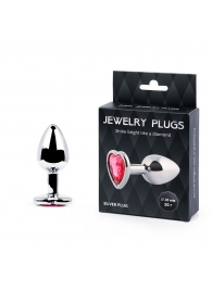 Серебристая анальная пробка с малиновым кристаллом-сердечком - 7 см. - Anal Jewelry Plug - купить с доставкой в Южно-Сахалинске