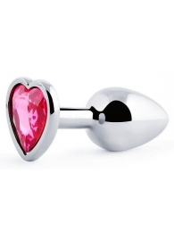 Серебристая анальная пробка с малиновым кристаллом-сердечком - 7 см. - Anal Jewelry Plug - купить с доставкой в Южно-Сахалинске