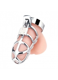 Серебристая металлическая клетка для члена с замком Enslave Cock Cage - BlueLine - купить с доставкой в Южно-Сахалинске