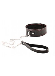 Черный широкий ошейник с красной строчкой и поводком - Crazy Handmade - купить с доставкой в Южно-Сахалинске