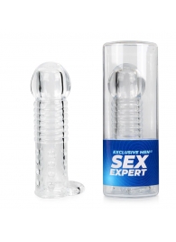 Прозрачная рельефная насадка-реалистик с петлей для мошонки - 13,5 см. - Sex Expert - в Южно-Сахалинске купить с доставкой