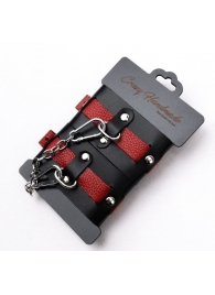 Черно-красные кожаные наручники на металлической сцепке - Crazy Handmade - купить с доставкой в Южно-Сахалинске
