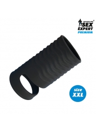 Черная открытая насадка на пенис с кольцом для мошонки XXL-size - 9,4 см. - Sex Expert - в Южно-Сахалинске купить с доставкой