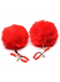 Красные зажимы на соски с помпонами Pom Pom - XR Brands - купить с доставкой в Южно-Сахалинске