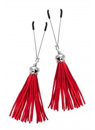 Зажимы на соски «Вилки» с красными кисточками из замши - Pecado - купить с доставкой в Южно-Сахалинске