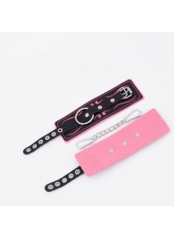 Черно-розовые кожаные наручники с розовой строчкой - Crazy Handmade - купить с доставкой в Южно-Сахалинске
