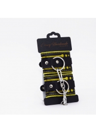 Черно-желтые кожаные наручники с жёлтой строчкой - Crazy Handmade - купить с доставкой в Южно-Сахалинске