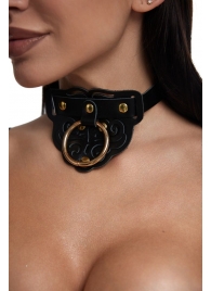 Черный фигурный кожаный ошейник с золотистой фурнитурой - Crazy Handmade - купить с доставкой в Южно-Сахалинске
