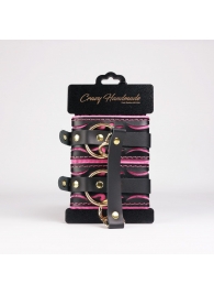 Черные кожаные оковы с розовой строчкой - Crazy Handmade - купить с доставкой в Южно-Сахалинске