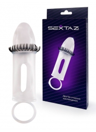 Закрытая насадка на пенис с подхватом мошонки и стимулирующими «ресничками» - Sextaz - в Южно-Сахалинске купить с доставкой