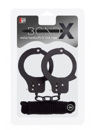 Чёрные наручники из листового металла в комплекте с веревкой BONDX METAL CUFFS LOVE ROPE SET - Dream Toys - купить с доставкой в Южно-Сахалинске