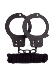 Чёрные наручники из листового металла в комплекте с веревкой BONDX METAL CUFFS LOVE ROPE SET - Dream Toys - купить с доставкой в Южно-Сахалинске