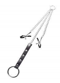 Серебристо-чёрные зажимы для сосков с кольцом для пениса TOYFA Metal - ToyFa - купить с доставкой в Южно-Сахалинске